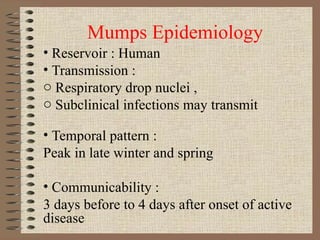 Mumps Epidemiology Reservoir : Human Transmission :  Respiratory drop nuclei , Subclinical infections may transmit Temporal pattern : Peak in late winter and spring Communicability : 3 days before to 4 days after onset of active disease 