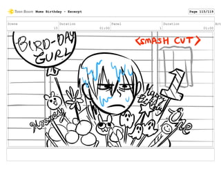 Scene
15
Duration
01:00
Panel
1
Duration
01:00
Act
Mums Birthday - Excerpt Page 115/119
 