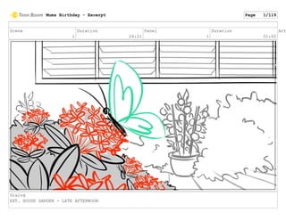 Scene
1
Duration
24:21
Panel
1
Duration
01:00
Act
Dialog
EXT. HOUSE GARDEN - LATE AFTERNOON
Mums Birthday - Excerpt Page 1/119
 