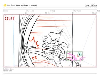 Scene
2
Duration
08:01
Panel
1
Duration
00:19
Act
Action Notes
TRUCK OUT
Mums Birthday - Excerpt Page 33/119
 