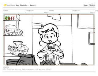 Scene
7
Duration
03:21
Panel
1
Duration
00:10
Act
Dialog
ZI: Unsalted butter, baking powder, all purpose flour?
Mums Birthday - Excerpt Page 78/119
 