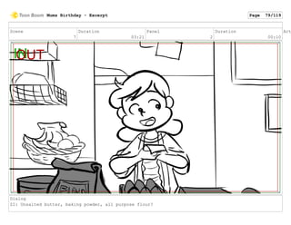 Scene
7
Duration
03:21
Panel
2
Duration
00:10
Act
Dialog
ZI: Unsalted butter, baking powder, all purpose flour?
Mums Birthday - Excerpt Page 79/119
 