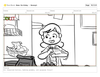 Scene
7
Duration
03:21
Panel
4
Duration
00:07
Act
Dialog
ZI: Unsalted butter, baking powder, all purpose flour?
Mums Birthday - Excerpt Page 81/119
 