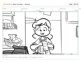 Scene
7
Duration
03:21
Panel
7
Duration
00:03
Act
Dialog
ZI: Unsalted butter, baking powder, all purpose flour?
Mums Birthday - Excerpt Page 84/119
 