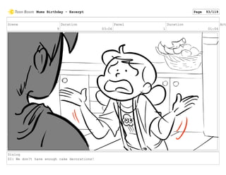 Scene
9
Duration
03:06
Panel
1
Duration
01:06
Act
Dialog
ZI: We don?t have enough cake decorations!
Mums Birthday - Excerpt Page 93/119
 