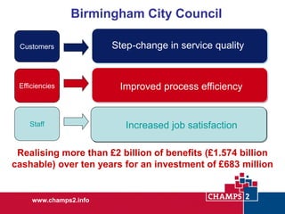 Birmingham City Council
Customers

Step-change in service quality

Efficiencies

Improved efficiency
Improved process efficiency

Staff

Increased job satisfaction

Realising more than £2 billion of benefits (£1.574 billion
cashable) over ten years for an investment of £683 million

www.champs2.info

 