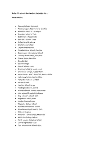 So far, 75 schools. But I’ve lost the Dublin list. :/<br />MUN Schools:<br />,[object Object]