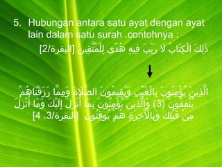 5. Hubungan antara satu ayat dengan ayat
lain dalam satu surah .contohnya :
/‫ن] ]البقرة‬َ  ‫قني‬ِ‫َني‬ ‫ت‬َّ‫ق‬ ‫م‬ُ‫ّت‬ ‫ل‬ْ‫ُم‬ ‫ل‬ِ‫َني‬  ]‫د ى‬ً‫ ى‬ ‫ه‬ُ‫ّت‬  ]‫ه‬ِ‫َني‬ ‫فني‬ِ‫َني‬  ]‫ب‬َ  ‫ي‬ْ‫ُم‬ ‫ر‬َ   ]‫ل‬َ   ]‫ب‬ُ‫ّت‬ ‫تبا‬َ  ‫ك‬ِ‫َني‬ ‫ل‬ْ‫ُم‬ ‫ك] ا‬َ  ‫ل‬ِ‫َني‬ ‫ذ‬َ 2[
 ]‫م‬ْ‫ُم‬ ‫ه‬ُ‫ّت‬ ‫نبا‬َ  ‫ق‬ْ‫ُم‬ ‫ز‬َ  ‫ر‬َ   ]‫مبا‬َّ‫ق‬ ‫م‬ِ‫َني‬ ‫و‬َ   ]‫ة‬َ  ‫ل‬َ  ‫ص‬َّ‫ق‬ ‫ن] ال‬َ  ‫منو‬ُ‫ّت‬ ‫قني‬ِ‫َني‬ ‫ي‬ُ‫ّت‬ ‫و‬َ   ]‫ب‬ِ‫َني‬ ‫ني‬ْ‫ُم‬ ‫غ‬َ  ‫ل‬ْ‫ُم‬ ‫ببا‬ِ‫َني‬  ]‫ن‬َ  ‫ننو‬ُ‫ّت‬ ‫م‬ِ‫َني‬ ‫ؤ‬ْ‫ُم‬ ‫ي‬ُ‫ّت‬  ]‫ن‬َ  ‫ذي‬ِ‫َني‬ ‫ل‬َّ‫ق‬ ‫ا‬
) ]‫ن‬َ  ‫قنو‬ُ‫ّت‬ ‫ف‬ِ‫َني‬ ‫ن‬ْ‫ُم‬ ‫ي‬ُ‫ّت‬3 ]‫ل‬َ  ‫ز‬ِ‫َني‬ ‫ن‬ْ‫ُم‬ ‫أ‬ُ‫ّت‬  ]‫مبا‬َ  ‫و‬َ   ]‫ك‬َ  ‫ني‬ْ‫ُم‬ ‫ل‬َ  ‫إ‬ِ‫َني‬  ]‫ل‬َ  ‫ز‬ِ‫َني‬ ‫ن‬ْ‫ُم‬ ‫أ‬ُ‫ّت‬  ]‫مبا‬َ  ‫ب‬ِ‫َني‬  ]‫ن‬َ  ‫ننو‬ُ‫ّت‬ ‫م‬ِ‫َني‬ ‫ؤ‬ْ‫ُم‬ ‫ي‬ُ‫ّت‬  ]‫ن‬َ  ‫ذي‬ِ‫َني‬ ‫ل‬َّ‫ق‬ ‫وا‬َ   ](
/‫ن] ] ]البقرة‬َ  ‫ننو‬ُ‫ّت‬ ‫ق‬ِ‫َني‬ ‫ينو‬ُ‫ّت‬  ]‫م‬ْ‫ُم‬ ‫ه‬ُ‫ّت‬  ]‫ة‬ِ‫َني‬ ‫ر‬َ  ‫خ‬ِ‫َني‬ ‫ل‬ْ‫ُم‬َ  ‫ببا‬ِ‫َني‬ ‫و‬َ   ]‫ك‬َ  ‫ل‬ِ‫َني‬ ‫ب‬ْ‫ُم‬ ‫ق‬َ   ]‫ن‬ْ‫ُم‬ ‫م‬ِ‫َني‬3 ]،4[
 