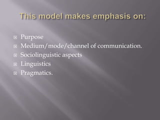    Purpose
   Medium/mode/channel of communication.
   Sociolinguistic aspects
   Linguistics
   Pragmatics.
 