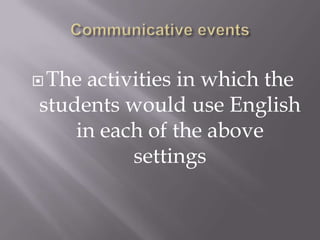 Theactivities in which the
students would use English
    in each of the above
          settings
 