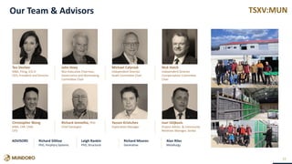 TSXV:MUN
Teo Dechev
MBA, P.Eng, ICD.D
CEO, President and Director
John Hoey
Non-Executive Chairman,
Governance and Nominating
Committee Chair
Michael Calyniuk
Independent Director
Audit Committee Chair
Nick Hatch
Independent Director
Compensation Committee
Chair
Our Team & Advisors
15
Christopher Wong
MBA, CPA, CMA
CFO
Richard Jemielita, PhD
Chief Geologist
Yassen Krishchev
Exploration Manager
Ivan Veljkovic
Project Admin. & Community
Relations Manager, Serbia
ADVISORS Richard Sillitoe
PhD, Porphyry Systems
Leigh Rankin
PhD, Structural
Richard Moores
Generative
Alan Riles
Metallurgy
 