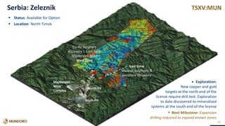 TSXV:MUN
30
East Zone
Massive Sulphides &
porphyry discovery
Majdanpek
Mine
Complex
North Pit
South Pit
Cu-Au porphyry
discovery 1.5 km from
Majdenpek Mine
West Zone
Exploration:
New copper and gold
targets at the north end of the
license require drill test. Exploration
to date discovered to mineralized
systems at the south end of the license
Next Milestone: Expansion
drilling required to expand known zones
 Status: Available for Option
 Location: North Timok
Serbia: Zeleznik
 