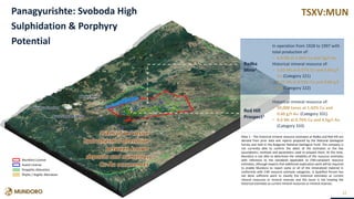TSXV:MUN
32
15km of pervasive
hydrothermal alteration
between known
deposits and numerous
Cu-Au occurrences
Asarel Medet Mine
Radka
Mine1
In operation from 1928 to 1997 with
total production of:
• 6.4 Mt at 1.06% Cu and 3g/t Au
Historical mineral resource of:
• 2.02 Mt at 0.57% Cu and 0.60 g/t
Au (Category 221)
• 0.27 Mt at 0.53% Cu and 0.60 g/t
Au (Category 222)
Red Hill
Prospect1
Historical mineral resource of:
• 50,000 tones at 1.42% Cu and
0.60 g/t Au (Category 331)
• 0.6 Mt at 0.76% Cu and 4.5g/t Au
(Category 333)
Mundoro License
Asarel License
Propylitic Alteration
Phyllic / Argillic Alteration
Medet Mine
Auribus Smelter
Note 1 - The historical mineral resource estimates at Radka and Red Hill are
derived from prior data and reports prepared by the National Geological
Survey and held in the Bulgarian National Geological Fund. The company is
not currently able to confirm the dates of the estimates or the key
assumptions, methods and parameters used to prepare them. At this time,
Mundoro is not able to determine the reliability of the resource estimates
with reference to the standards applicable to CIM-compliant resource
estimates, although expects that additional exploration work will be required
to enable Mundoro to report some or all of the mineralized material in
conformity with CIM resource estimate categories. A Qualified Person has
not done sufficient work to classify the historical estimates as current
mineral resources or mineral reserves and the issuer is not treating the
historical estimates as current mineral resources or mineral reserves.
Panagyurishte: Svoboda High
Sulphidation & Porphyry
Potential
 
