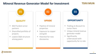 TSXV:MUN
01 02 03
Mineral Revenue Generator Model for Investment
19
 Well funded senior
partners
 Diversified portfolio of
projects
 Lowest G&A structure
among peers
 Pipeline of mineral
properties
 Exposure to copper
and gold
 Potential for new
discoveries
QUALITY UPSIDE OPPORTUNITY
 Trading at discount to
Junior Peers
 Unique mineral revenue
generator model
 Significantly
undervalued with
opportunity for re-rate
 