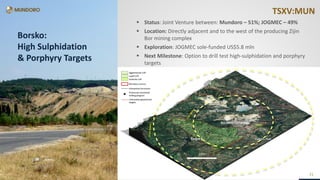 TSXV:MUNTSXV:MUN
21
TSXV:MUN
21
 Status: Joint Venture between: Mundoro – 51%; JOGMEC – 49%
 Location: Directly adjacent and to the west of the producing Zijin
Bor mining complex
 Exploration: JOGMEC sole-funded US$5.8 mln
 Next Milestone: Option to drill test high-sulphidation and porphyry
targets
Borsko:
High Sulphidation
& Porphyry Targets
21
 