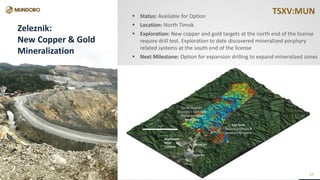 TSXV:MUNTSXV:MUNTSXV:MUN Status: Available for Option
 Location: North Timok
 Exploration: New copper and gold targets at the north end of the license
require drill test. Exploration to date discovered mineralized porphyry
related systems at the south end of the license
 Next Milestone: Option for expansion drilling to expand mineralized zones
Zeleznik:
New Copper & Gold
Mineralization
24
 