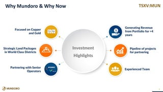 TSXV:MUN
Partnering with Senior
Operators
Generating Revenue
from Portfolio for >4
years
Experienced Team
Pipeline of projects
for partnering
3
Why Mundoro & Why Now
Focused on Copper
and Gold
Strategic Land Packages
in World Class Districts
Investment
Highlights
 