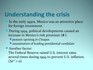 Understanding the crisis
In the early 1990s, Mexico was an attractive place
for foreign investment.
During 1994, political developments caused an
increase in Mexico’s risk premium (θ ):
peasant uprising in Chiapas
assassination of leading presidential candidate
Another factor:
The Federal Reserve raised U.S. interest rates
several times during 1994 to prevent U.S. inflation.
(∆r* > 0)
 