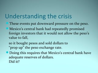 Understanding the crisis
These events put downward pressure on the peso.
Mexico’s central bank had repeatedly promised
foreign investors that it would not allow the peso’s
value to fall,
so it bought pesos and sold dollars to
“prop up” the peso exchange rate.
Doing this requires that Mexico’s central bank have
adequate reserves of dollars.
Did it?
 