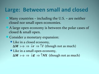 Large: Between small and closed
Many countries – including the U.S. – are neither
closed nor small open economies.
A large open economy is between the polar cases of
closed & small open.
Consider a monetary expansion:
Like in a closed economy,
∆M > 0 ⇒ ↓r ⇒ ↑I (though not as much)
Like in a small open economy,
∆M > 0 ⇒ ↓ε ⇒ ↑NX (though not as much)
 