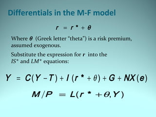 Differentials in the M-F model
Where θ (Greek letter “theta”) is a risk premium,
assumed exogenous.
Substitute the expression for r into the
IS* and LM* equations:
( , )*M P L r Y= +θ
( ) ( ) ( )*Y C Y T I r G NX e= − + + + +θ
*r r θ= +
 