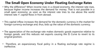 The Small Open Economy Under Floating Exchange Rates
• Why the difference? When income rises in a closed economy, the interest rate rises,
because higher income increases the demand for money. That is not possible in a
small open economy: as soon as the interest rate tries to rise above the world
interest rate r*, capital flows in from abroad.
• This capital inflow increases the demand for the domestic currency in the market for
foreign-currency exchange and, thus, bids up the value of the domestic currency.
• The appreciation of the exchange rate makes domestic goods expensive relative to
foreign goods, and this reduces net exports causing the IS Curve to revert to its
original position.
• Therefore, an expansionary fiscal policy in a floating exchange rate regime is
ineffective.
 