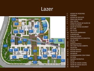 Lazer
                                                                                                 1.    ACESSO DE PEDESTRES
                                                                                                 2.    PORTARIA
                                                                                                 3.    ACESSO DE VEICULOS
           13                                                     17                             4.    PRAÇA DAS ÁGUAS
                                                                                                 5.    HALL SOCIAL
                                                                                                 6.    PRAÇA DE APOIO AO SALÃO DE
                    14
                                                                       18                              FESTAS GOURMET
                                                   16
                                                                                                 7.    SALÃO DE FESTAS GOURMET
                                                                                                 8.    PET CARE
                              05         05                                                      9.    PET PLACE
                    15                                       19
                                                                                                 10.   TRILHA DE CAMINHADA
                                                                                                 11.   PLAYGROUND
                                                                                                 12.   PRAÇA DE APOIO
                                                                       20
                                                                                                 13.   EQUIPAMENTOS DE GINASTICA
          09                       12                                       20         21              AO AR LIVRE
                         11                                                                      14.   FITNESS
                                                                                                 15.   BRINQUEDOTECA
10                                                                                               16.   SPA COM PISCINA COBERTA
                                                                                                       AQUECIDA
     08             05              05                             05            05
                                                                                                 17.   PISCINA INFANTIL
                                              04                                                 18.   PISCINA ADULTO
                                                                                                 19.   SOLARIUM
                                                                       24        23
                                                                                                 20.   CHURRASQUEIRA COM FORNO
               07                  06                                                 22               DE PIZZA
                                         02             25
                                                                                                 21.   QUADRA RECREATIVA
                                                                                            03   22.   ATELIÊ
                                              01                                                 23.   SALÃO DE JOGOS JUVENIL
                                                                                                 24.   SALÃO DE JOGOS ADULTO
                                                                                                 25.   HOME OFFICE
 