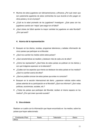 •   Muchos de estos jugadores son latinoamericanos y africanos ¿Por qué creen que
    son justamente jugadores de estos continentes los que durante el año juegan en
    otros países y no en el propio?

•   ¿Cuál es la edad promedio de los jugadores? Investiguen: ¿Qué pasa con los
    jugadores cuando son “viejos” para seguir en el fútbol?

•   ¿Qué clubes de fútbol aportan la mayor cantidad de jugadores en este Mundial?
    ¿Por qué será?




    4. Acerca de la representación


•   Busquen en los diarios, revistas, programas televisivos y radiales información de
    cinco países que participan en el Mundial.

•   ¿Qué nos cuentan los medios sobre estos países?

•   ¿Qué características se resaltan y destacan más de cada uno de ellos?

•   ¿Cómo los representan? ¿Qué fotos de estos países se publican en los diarios y
    con qué imágenes aparecen en la televisión?

•   ¿Cuáles son los aspectos que menos se destacan de estos países en los medios?
    ¿Qué no cuentan acerca de ellos?

•   ¿Qué es posible conocer de estos países que antes no conocían?

•   Busquen en la sección Internacional del diario: ¿aparecen noticias sobre estos
    países además de su participación en el Mundial? ¿Qué nos informan? ¿Son notas
    políticas, económicas, sociales, etc.?

•   ¿Todos los países que participan del Mundial, reciben el mismo espacio en los
    medios? ¿Por qué creen que esto sucede?




    5. Una síntesis


Realicen un cuadro con la información que hayan encontrado en los medios, sobre los
países que hayan seleccionado:


  Continente /País             Radio                Televisión              Diario
África


                                                                                     11
 