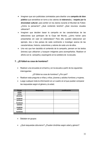 •   Imaginen que son publicistas contratados para diseñar una campaña de bien
       público que sensibilice en torno a los valores de tolerancia y respeto por la
       diversidad cultural, para exhibir en los diarios durante el Mundial de Fútbol.
       ¿Cómo la pensarían? ¿Qué contenido tendría? ¿Qué recursos visuales
       utilizarían?
   •   Imaginen que deciden basar la campaña en las características de las
       selecciones que participan de la Copa del Mundo, ¿cómo harían para
       presentarlas sin caer en estereotipos? Para ello, pueden seleccionar por
       ejemplo, dos o tres países de cada continente e investigar acerca de las
       características, historia, costumbres y valores de cada uno de ellos.
   •   Una vez que han decidido el contenido de la campaña, piensen en los textos
       (breves) que utilizarían y busquen imágenes para acompañarlos. Realicen el
       afiche con la campaña y expónganlo en la cartelera de la escuela.


7. ¿El fútbol es cosa de hombres?


  •    Realicen una encuesta en el barrio y en la escuela a partir de los siguientes
       interrogantes:
                        ¿El fútbol es cosa de hombres? ¿Por qué?
  •    Realicen esta pregunta a niñas y niños, jóvenes y adultos hombres y mujeres.
  •    Luego vuelquen toda la información en un cuadro en el que puedan comparar
       las respuestas según el género y la edad.


  Grupo                    Respuesta                      Justificación
  niñas
  niños
 jóvenes
 mujeres
 jóvenes
 hombres
  adultos
 mujeres
 adultos
 hombres



  •    Debatan en grupos:


  •    ¿Qué respuestas obtuvieron? ¿Pueden dividirlas según edad y género?



                                                                                       32
 