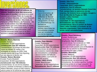 Inversiones. Con una inversión de $2 mil millones de dólares, Sudáfrica tiene diez escenarios listos para el mundial.  Los escenarios para estrenar son el Green Point, de Ciudad del Cabo; el Nelson Mandela, de Puerto Elizabeth; Moses Mabhida, de Durban; Mbombela, de Nelspruit; y Peter Mokaba, de Polowane.   De ellos el más costoso ($us 605 millones) es Green Point, que como todos tiene un diseño vanguardista. Su construcción sufrió un gran retraso desatando una controversia, pues muchas personas creían que no se iba a terminar a tiempo, pero todas las críticas  Entre los reacondicionados,  el más caro ($us 305 millones) es Soccer City , que albergará la inauguración y la final en Johannesburgo. Su fachada es impresionante y también tiene todas las comodidades exigidas para ser considerado uno de los mejores escenarios del mundo.  Estadio: Ellis Park Ciudad: Johannesburgo Capacidad: 59.611 espectadores ampliacion: $us 63 millones Características: es también llamado Coca-Cola Park, porque tiene un patrocinio de esa empresa. Se hicieron leves arreglos. Acogió la final del Mundial de Rugby en 1995. Estadio: Loftus Versfeld Ciudad: Pretoria Capacidad: 51.762 espectadores Remodelación: $us 162 millones Características: lleva el nombre de Robert Owen Loftus Versfeld, el fundador de los deportes organizados. Este escenario ha tenido varias remodelaciones Estadio: Royal Bafokeng Ciudad: Rustenburgo Capacidad: 42.000 espectadores Ampliación: $us 45 millones Características: fue construido en 1995 para la práctica de rugby, pero fue adecuado el año pasado para el Mundial de Fútbol. En su cancha se alternaron encuentros de rugby y fútbol. Estadio: Nbombela Ciudad: Nelspruit Capacidad: 43.500 espectadores Construcción: $us 145 millones Características: se estrenará en esta competencia. Su nombre significa 'muchas personas juntas en un lugar pequeño'. Su construcción terminó en octubre de 2009. Estadio: Peter Mokaba Ciudad: Polokwane Capacidad: 46.000 espectadores Construcción: $us 112 millones Características: es uno de los cinco estadios nuevos (los otros son remodelados y ampliados). Lleva el nombre del fallecido activista político, que luchó en contra del racismo. Estadio: FREE STATE Ciudad: Bloemfontein Capacidad: 48.000 espectadores Remodelación: $us 41 millones Estadio: Moses Mabhida Ciudad: Durban Capacidad: 70.000 espectadores Construcción: $us 287 millones Características: la entrega de esta obra nueva se retrasó 32 meses y fue entregada en octubre de 2009. Está ubicado dentro del Kings Park Sporting, por eso algunos lo llaman así. Estadio: Nelson Mandela Ciudad: Puerto Elizabeth Capacidad: 48.459 espectadores Construcción: $us 150 millones Características: es uno de los estadios nuevos y también es llamado La Bahía de Nelson Mandela, porque el líder histórico estuvo preso en la cárcel de esta ciudad. 
