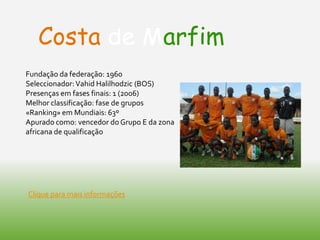 Fundação da federação: 1960
Seleccionador: Vahid Halilhodzic (BOS)
Presenças em fases finais: 1 (2006)
Melhor classificação: fase de grupos
«Ranking» em Mundiais: 63º
Apurado como: vencedor do Grupo E da zona
africana de qualificação




Clique para mais informações
 