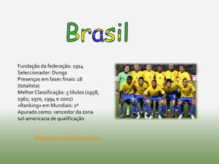 Fundação da federação: 1914
Seleccionador: Dunga
Presenças em fases finais: 18
(totalista)
Melhor Classificação: 5 títulos (1958,
1962, 1970, 1994 e 2002)
«Ranking» em Mundiais: 1º
Apurado como: vencedor da zona
sul-americana de qualificação


       Clique para mais informações
 
