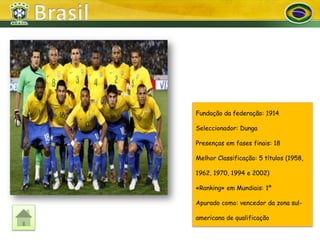 Fundação da federação: 1914

Seleccionador: Dunga

Presenças em fases finais: 18

Melhor Classificação: 5 títulos (1958,

1962, 1970, 1994 e 2002)

«Ranking» em Mundiais: 1º

Apurado como: vencedor da zona sul-

americana de qualificação
 