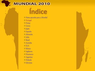 o Países apurados para o Mundial
o Portugal
o França
o Grécia
o Japão
o Espanha
o Alemanha
o Itália
o Brasil
o Austrália
o EUA
o México
o Inglaterra
o Dinamarca
o Argentina
o Holanda
o Eslovénia
 