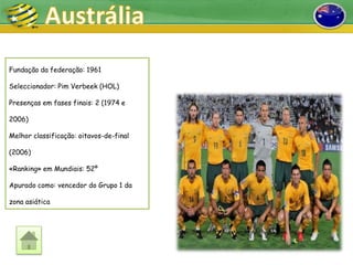 Fundação da federação: 1961

Seleccionador: Pim Verbeek (HOL)

Presenças em fases finais: 2 (1974 e

2006)

Melhor classificação: oitavos-de-final

(2006)

«Ranking» em Mundiais: 52º

Apurado como: vencedor do Grupo 1 da

zona asiática
 
