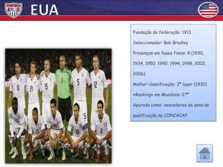 Fundação da federação: 1913

Seleccionador: Bob Bradley

Presenças em fases finais: 8 (1930,

1934, 1950, 1990, 1994, 1998, 2002,

2006)

Melhor classificação: 3º lugar (1930)

«Ranking» em Mundiais: 27º

Apurado como: vencedores da zona de

qualificação da CONCACAF
 