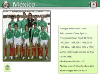 Fundação da federação: 1927

Seleccionador: Javier Aguirre

Presenças em fases finais: 13 (1930,

1950, 1954, 1958, 1962, 1966, 1970,

1978, 1986, 1994, 1998, 2002 e 2006)

Melhor classificação: quartos-de-final

(1970 e 1986)

«Ranking» em Mundiais: 14º

Apurado como: 2º classificado da zona

de qualificação da CONCACAF
 