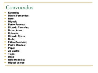 Convocados Eduardo; Daniel Fernandes; Beto; Miguel; Paulo Ferreira; Ricardo Carvalho; Bruno Alves; Rolando; Ricardo Costa; Duda; Fábio Coentrão; Pedro Mendes; Pepe; Zé Castro; Tiago; Deco Raul Meireles; Miguel Veloso 