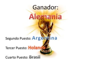 Segundo Puesto:
Tercer Puesto:
Cuarto Puesto:
 