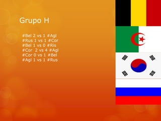 Grupo H 
#Bel 2 vs 1 #Agl 
#Rus 1 vs 1 #Cor 
#Bel 1 vs 0 #Ris 
#Cor 2 vs 4 #Agl 
#Cor 0 vs 1 #Bel 
#Agl 1 vs 1 #Rus 
 
