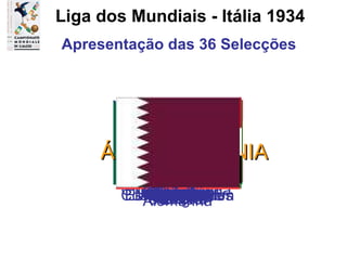 Apresentação das 36 Selecções Liga dos Mundiais - Itália 1934 EUROPA AFRICA AMÉRICA ÁSIA e OCEANIA Alemanha Bélgica Chipre Jugoslávia Dinamarca Espanha França Holanda Hungria Inglaterra Itália Portugal Checoslováquia Irlanda U.R.S.S. Suécia Suiça Angola Camarões Costa do Marfim Egipto Gana Moçambique Nigéria Argentina Brasil Chile Colômbia Estados Unidos Jamaica México Uruguai Austrália Iraque Japão Qatar 