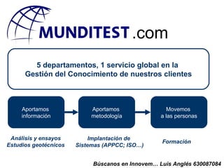 .com 5 departamentos, 1 servicio global en la  Gestión del Conocimiento de nuestros clientes Aportamos  información Aportamos  metodología Movemos  a las personas Análisis y ensayos Estudios geotécnicos Implantación de  Sistemas (APPCC; ISO…) Formación Búscanos en Innovem… Luis Anglés 630087084 