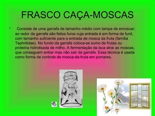 FRASCO CAÇA-MOSCAS Consiste de uma garrafa de tamanho médio com tampa de enroscar; ao redor da garrafa são feitos furos cuja entrada é em forma de funil, com tamanho suficiente para a entrada de mosca da fruta (família Tephritidae). No fundo da garrafa coloca-se sumo de frutas ou proteína hidrolisada de milho. A fermentação da isca atrai as moscas, que conseguem entrar mas não sair da garrafa. Essa técnica é usada como forma de controle de mosca-da-fruta em pomares.  