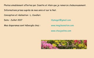 Photos aimablement offertes par Josette et Alain que je remercie chaleureusement.
Informations prises auprès de mes amis et sur le Net.
Conception et réalisation : L. Cavallari.
Date : Juillet 2017 lilymage1@gmail.com
Mes diaporamas sont hébergés chez : www.imagileonation.com
www.chezjoeline.com
 
