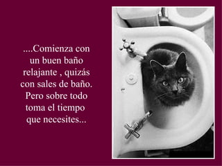 ....Comienza con un buen baño relajante , quizás con sales de baño. Pero sobre todo toma el tiempo que necesites...
