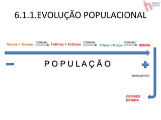 6.1.1.EVOLUÇÃO POPULACIONAL
DEMOSGenos + Genos Frátrias + Frátrias Tribos + Tribos
FORMAM FORMAM FORMAM
P O P U L A Ç Ã O
CIDADES
ESTADO
MURAMENTO
 