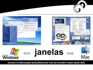 cartógrafo jesuíta
janelas
tornam a informação assimilável por nós ao encobrir maior parte dela
 