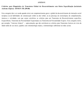 ANEXO E
Critérios para Diagnóstico de Transtorno Global do Desenvolvimento sem Outra Especificação (incluindo
Autismo Atípico) - DSM-IV-TR (299.80)
Esta categoria deve ser usada quando existe um comprometimento grave e global do desenvolvimento da interação social
recíproca ou de habilidades de comunicação verbal ou não verbal, ou na presença de estereotipias de comportamento,
interesse e atividades sem que sejam satisfeitos os critérios para um Transtorno do Desenvolvimento específico,
Esquizofrenia, Transtorno da Personalidade Esquizotípica ou Transtorno da Personalidade Esquiva. Esta categoria inclui,
por exemplo, "Autismo Atípico" — apresentações que não satisfazem os critérios para Transtorno Autista em vista da
idade tardia de seu início, quadros com sintomatologia atípica, sintomatologia subliminar ou todas acima.
 