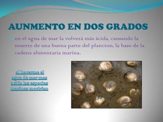 AUNMENTO EN DOS GRADOSen el agua de mar la volverá más ácida, causando la muerte de una buena parte del plancton, la base de la cadena alimentaria marina. al hacerme el agua de mar mas acida las especies marinas morirían 