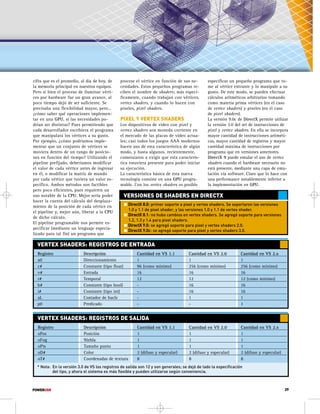 cifra que es el promedio, al día de hoy, de 
la memoria principal en nuestros equipos. 
Pero si bien el proceso de iluminar vérti-ces 
por hardware fue un gran avance, al 
poco tiempo dejó de ser suficiente. Se 
precisaba una flexibilidad mayor, pero... 
¿cómo saber qué operaciones implemen-tar 
en una GPU, si las necesidades po-drían 
ser distintas? Pues permitiendo que 
cada desarrollador escribiera el programa 
que manipulara los vértices a su gusto. 
Por ejemplo, ¿cómo podríamos imple-mentar 
que un conjunto de vértices se 
moviera dentro de un rango de posicio-nes 
en función del tiempo? Utilizando el 
pipeline prefijado, deberíamos modificar 
el valor de cada vértice antes de ingresar 
en él, o modificar la matriz de mundo 
por cada vértice que tuviera un valor es-pecífico. 
Ambos métodos son factibles 
pero poco eficientes, pues requieren un 
uso notable de la CPU. Mejor sería poder 
hacer la cuenta del cálculo del desplaza-miento 
de la posición de cada vértice en 
el pipeline y, mejor aún, liberar a la CPU 
de dicho cálculo. 
El pipeline programable nos permite es-pecificar 
(mediante un lenguaje especia-lizado 
para tal fin) un programa que 
procese el vértice en función de sus ne-cesidades. 
Estos pequeños programas re-ciben 
el nombre de shaders; más especí-ficamente, 
cuando trabajan con vértices, 
vertex shaders, y cuando lo hacen con 
pixeles, pixel shaders. 
PIXEL Y VERTEX SHADERS 
Los dispositivos de video con pixel y 
vertex shaders son moneda corriente en 
el mercado de las placas de video actua-les; 
casi todos los juegos AAA modernos 
hacen uso de esta característica de algún 
modo, y hasta algunos, recientemente, 
comenzaron a exigir que esta caracterís-tica 
estuviera presente para poder iniciar 
su ejecución. 
La característica básica de esta nueva 
tecnología consiste en una GPU progra-mable. 
Con los vertex shaders es posible 
especificar un pequeño programa que to-me 
al vértice entrante y lo manipule a su 
gusto. De este modo, se pueden efectuar 
cálculos aritméticos arbitrarios tomando 
como materia prima vértices (en el caso 
de vertex shaders) y pixeles (en el caso 
de pixel shaders). 
La versión 9.0c de DirectX permite utilizar 
la versión 3.0 del set de instrucciones de 
pixel y vertex shaders. En ella se incorpora 
mayor cantidad de instrucciones aritméti-cas, 
mayor cantidad de registros y mayor 
cantidad máxima de instrucciones por 
programa que en versiones anteriores. 
DirectX 9 puede emular el uso de vertex 
shaders cuando el hardware necesario no 
está presente, mediante una capa de emu-lación 
vía software. Claro que lo hace con 
una performance notablemente inferior a 
la implementación en GPU. 
VERSIONES DE SHADERS EN DIRECTX 
 DirectX 8.0: primer soporte a pixel y vertex shaders. Se soportaron las versiones 
1.0 y 1.1 de pixel shader, y las versiones 1.0 y 1.1 de vertex shader. 
 DirectX 8.1: no hubo cambios en vertex shaders. Se agregó soporte para versiones 
1.2, 1.3 y 1.4 para pixel shaders. 
 DirectX 9.0: se agregó soporte para pixel y vertex shaders 2.0. 
 DirectX 9.0c: se agregó soporte para pixel y vertex shaders 3.0. 
VERTEX SHADERS: REGISTROS DE ENTRADA 
Registro Descripción Cantidad en VS 1.1 Cantidad en VS 2.0 Cantidad en VS 2.x 
a0 Direccionamiento 1 1 1 
c# Constante (tipo float) 96 (como mínimo) 256 (como mínimo) 256 (como mínimo) 
v# Entrada 16 16 16 
r# Temporal 12 12 12 (como mínimo) 
b# Constante (tipo bool) - 16 16 
i# Constante (tipo int) - 16 16 
aL Contador de bucle - 1 1 
p0 Predicado - - 1 
VERTEX SHADERS: REGISTROS DE SALIDA 
Registro Descripción Cantidad en VS 1.1 Cantidad en VS 2.0 Cantidad en VS 2.x 
oPos Posición 1 1 1 
oFog Niebla 1 1 1 
oPts Tamaño punto 1 1 1 
oD# Color 2 (difuso y especular) 2 (difuso y especular) 2 (difuso y especular) 
oT# Coordenadas de textura 8 8 8 
* Nota: En la versión 3.0 de VS los registros de salida son 12 y son generales; se dejó de lado la especificación 
del tipo, y ahora el sistema es más flexible y pueden utilizarse según conveniencia. 
POWERUSR 29 
 
